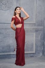 Bold Maroon Saree With Off Shoulder Glam
