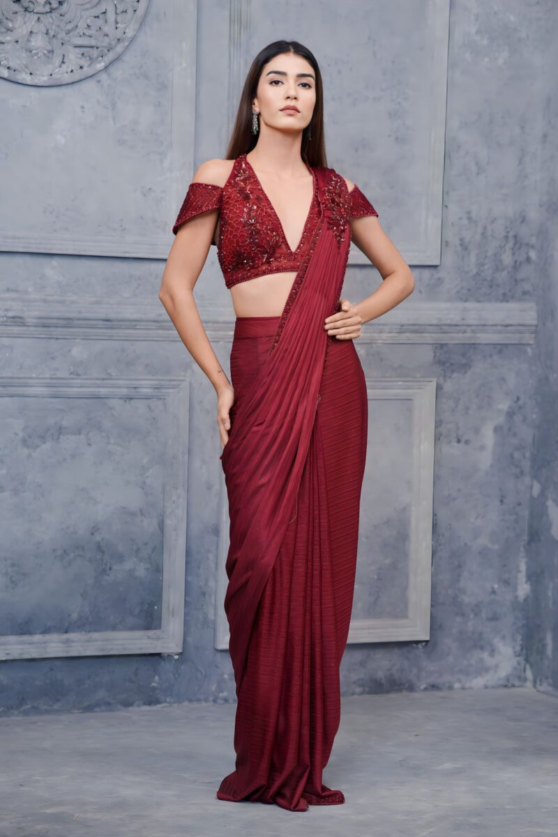 Bold Maroon Saree With Off Shoulder Glam