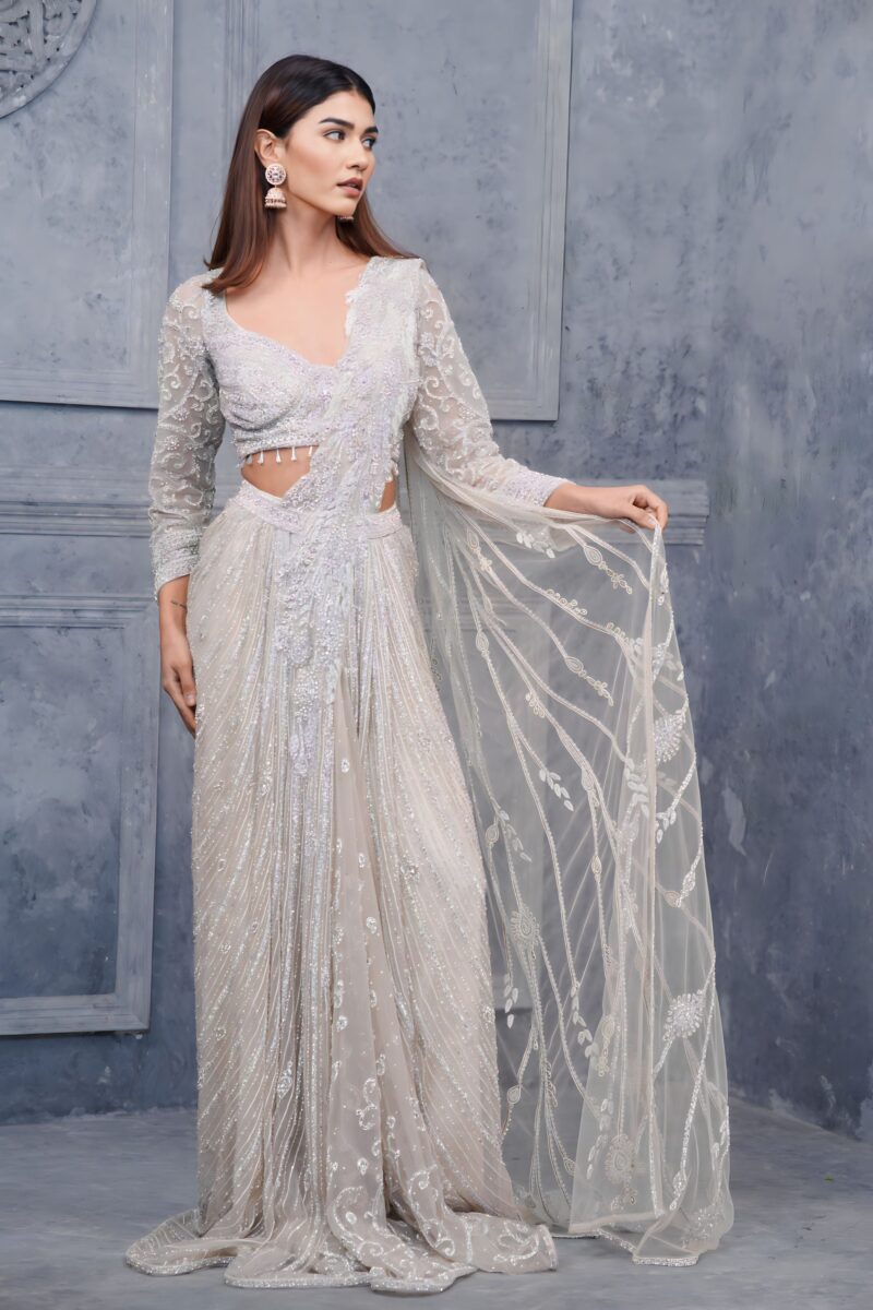 Elegant Ivory Handcrafted Draped Saree