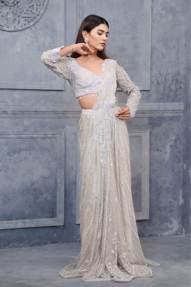 Elegant Ivory Handcrafted Draped Saree