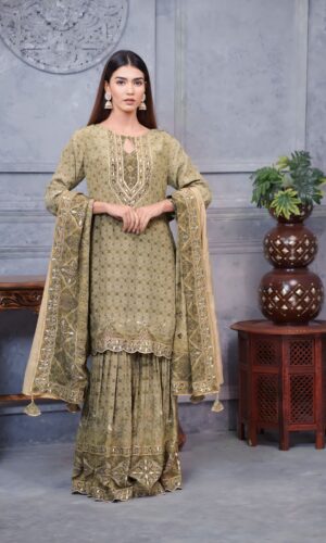 Elegant Olive Pakistani Digital Garara Suit With Intricate Prints