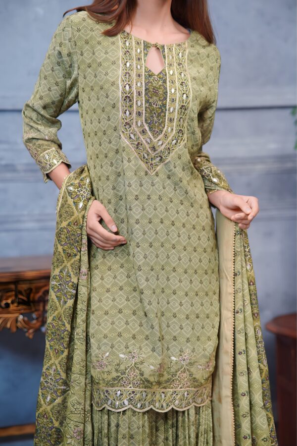 Elegant Olive Pakistani Digital Garara Suit With Intricate Prints