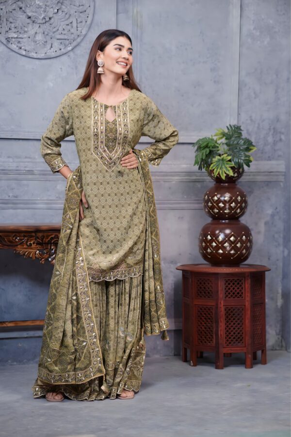 Elegant Olive Pakistani Digital Garara Suit With Intricate Prints