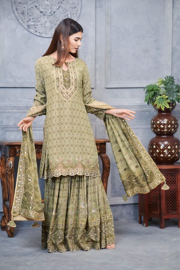 Elegant Olive Pakistani Digital Garara Suit With Intricate Prints