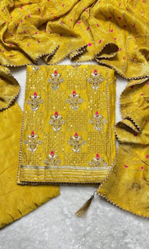 Bright Mustard Pure Chanderi Traditional Unstitched Suit