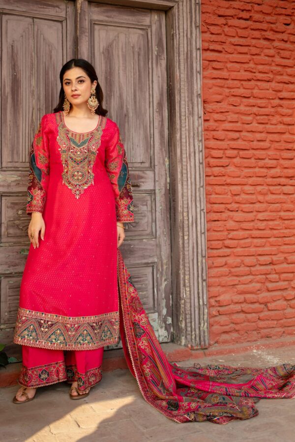 Elegant Dark Pink Long Ethnic Pakistani Suit With Printed Odhani Dupatta
