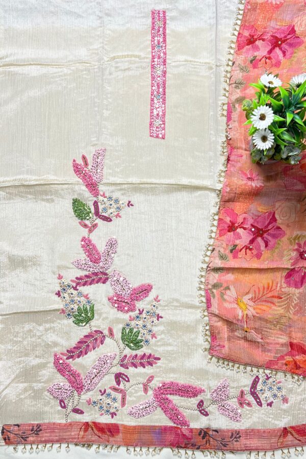 Elegant Aura Unstitched Suit with Sleek Beads Embroidery and Digital Printing