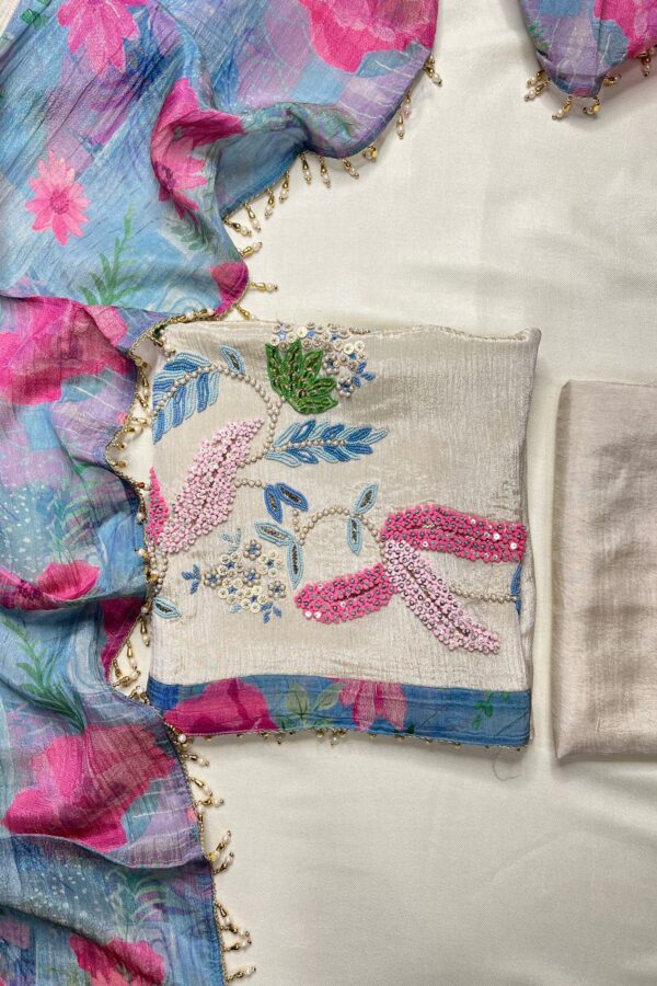 Elegant Aura Unstitched Suit with Sleek Beads Embroidery and Digital Printing