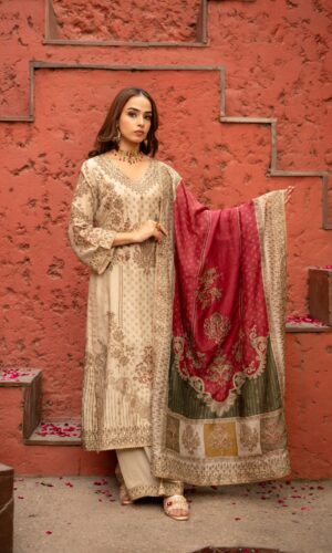 Cream Pakistani Suit with Digital Prints and Contrast Multi Dupatta