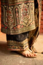 Black Pakistani Plazo Suit with Golden Highlights and Digital Prints