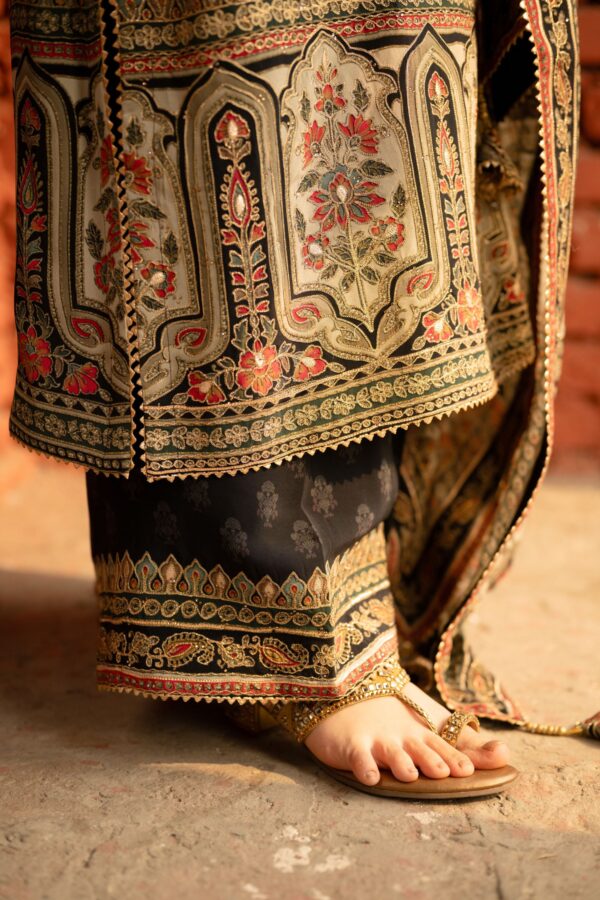 Black Pakistani Plazo Suit with Golden Highlights and Digital Prints