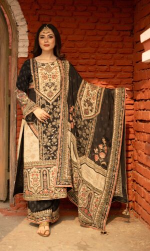 Black Pakistani Plazo Suit with Golden Highlights and Digital Prints