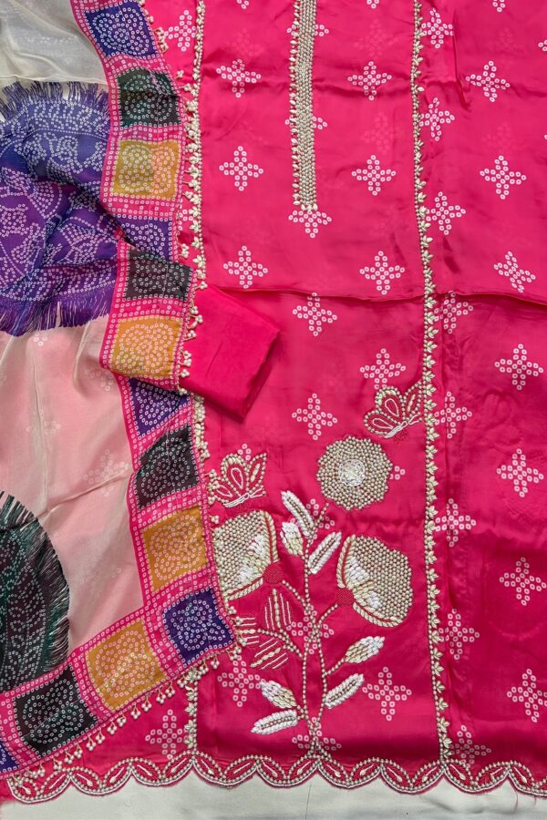 Graceful Glam Bandhani Bliss Unstitched Suit with Hand Stitched Elegance