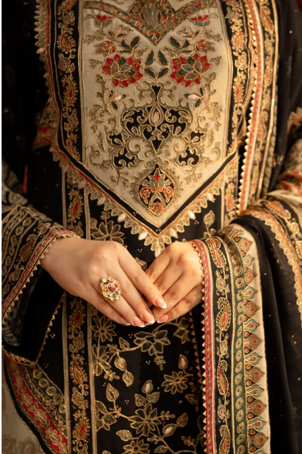 Black Pakistani Plazo Suit with Golden Highlights and Digital Prints