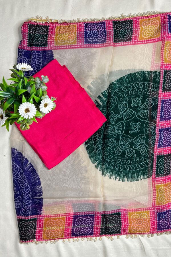 Graceful Glam Bandhani Bliss Unstitched Suit with Hand Stitched Elegance