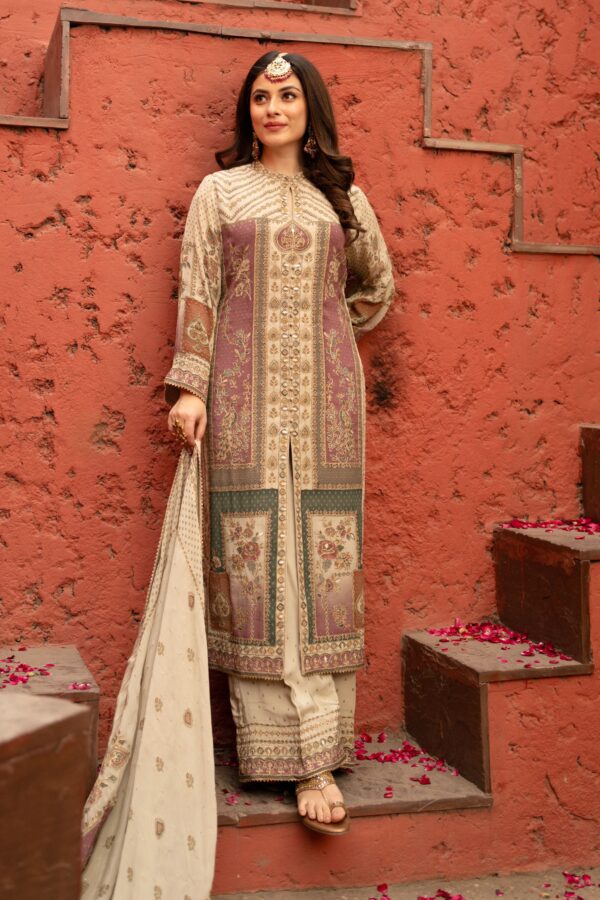 Elegant Cream Beige Pakistani Suit with Sleek Digital Prints Golden Highlights & Odhani  Dupatta