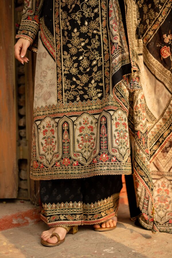 Black Pakistani Plazo Suit with Golden Highlights and Digital Prints
