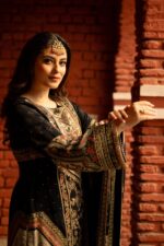 Black Pakistani Plazo Suit with Golden Highlights and Digital Prints