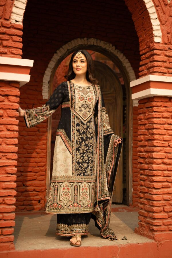 Black Pakistani Plazo Suit with Golden Highlights and Digital Prints