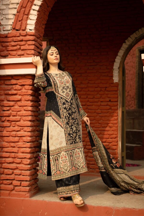 Black Pakistani Plazo Suit with Golden Highlights and Digital Prints