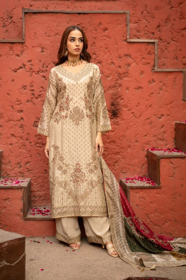Cream Pakistani Suit with Digital Prints and Contrast Multi Dupatta