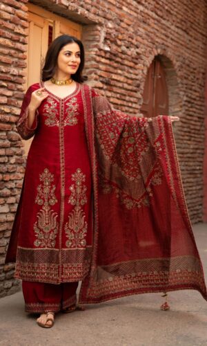 Luxury Maroon Achkan Cut Pakistani Suit With Odhani Dupatta
