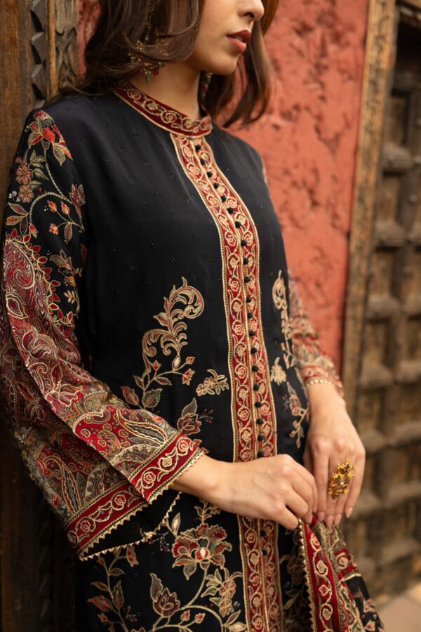 Black Achkan Style Pakistani Suit With Digital Prints