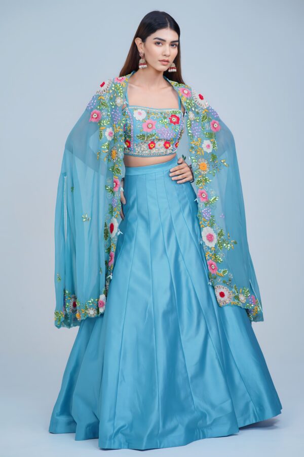 Aqua Blue Floral Embroidered Lehenga Set with Organza Cape