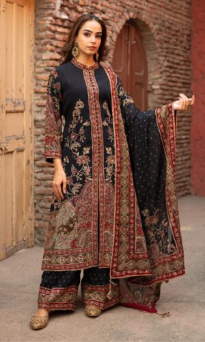 Black Achkan Style Pakistani Suit With Digital Prints