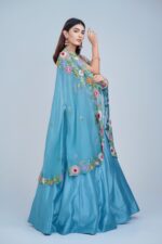 Aqua Blue Floral Embroidered Lehenga Set with Organza Cape