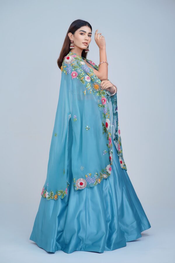 Aqua Blue Floral Embroidered Lehenga Set with Organza Cape