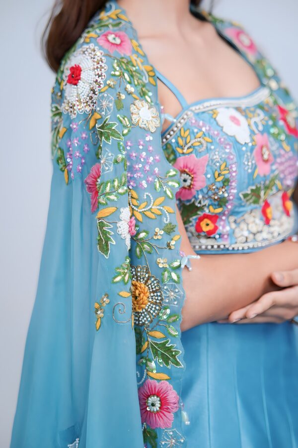 Aqua Blue Floral Embroidered Lehenga Set with Organza Cape
