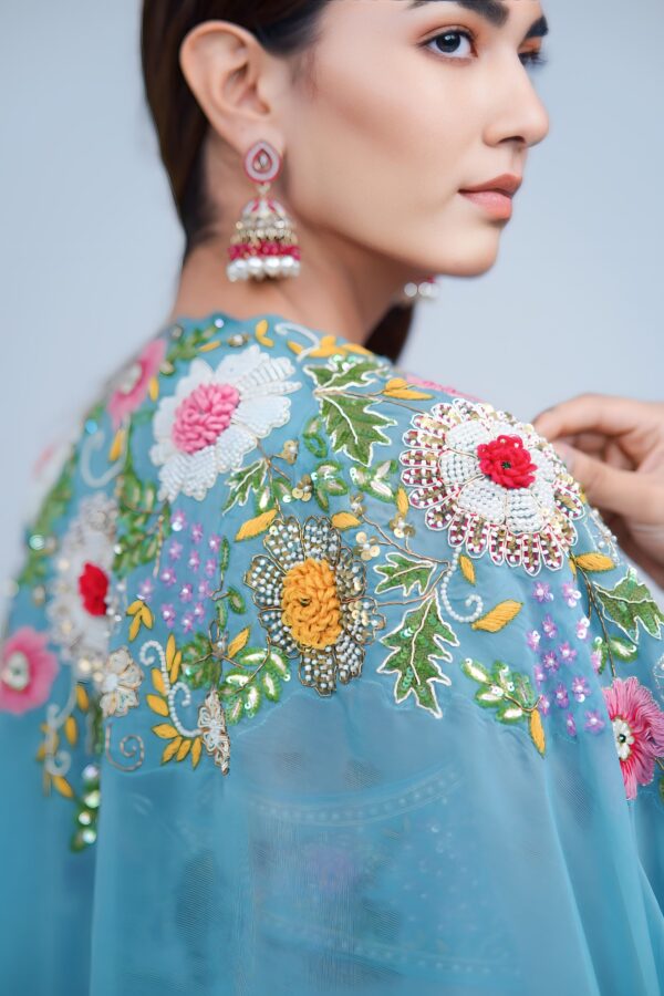 Aqua Blue Floral Embroidered Lehenga Set with Organza Cape