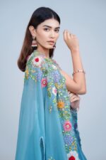 Aqua Blue Floral Embroidered Lehenga Set with Organza Cape