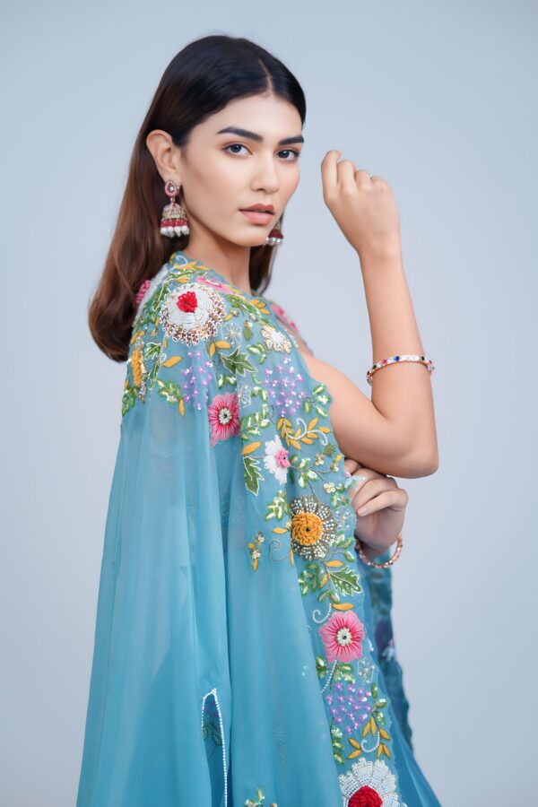 Aqua Blue Floral Embroidered Lehenga Set with Organza Cape