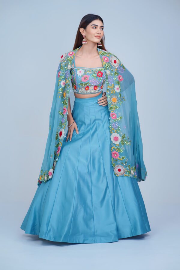 Aqua Blue Floral Embroidered Lehenga Set with Organza Cape