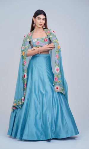 Aqua Blue Floral Embroidered Lehenga Set with Organza Cape