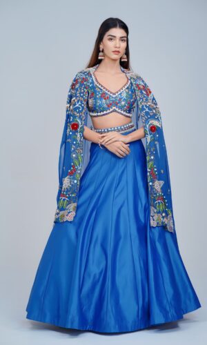 Mesmerizing Turquoise Blue Lehenga with Floral Embroidered Cape Ensemble
