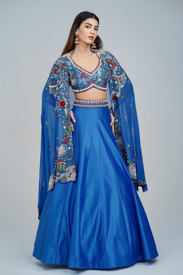 Mesmerizing Turquoise Blue Lehenga with Floral Embroidered Cape Ensemble