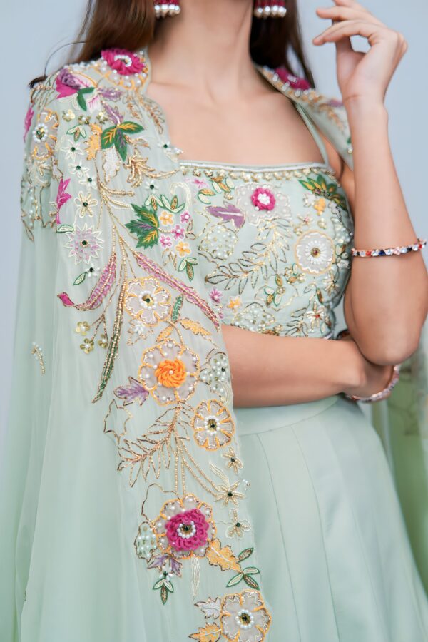 Light Green Indo Western Lehenga with Floral Embroidered Cape Set