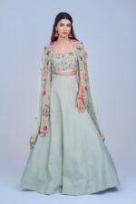 Light Green Indo Western Lehenga with Floral Embroidered Cape Set