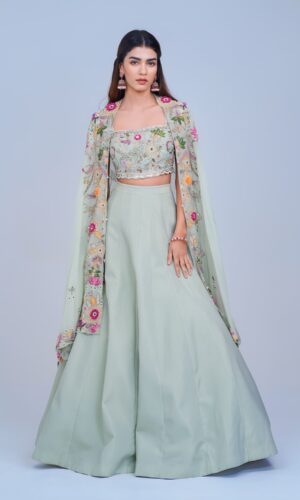 Light Green Indo Western Lehenga with Floral Embroidered Cape Set