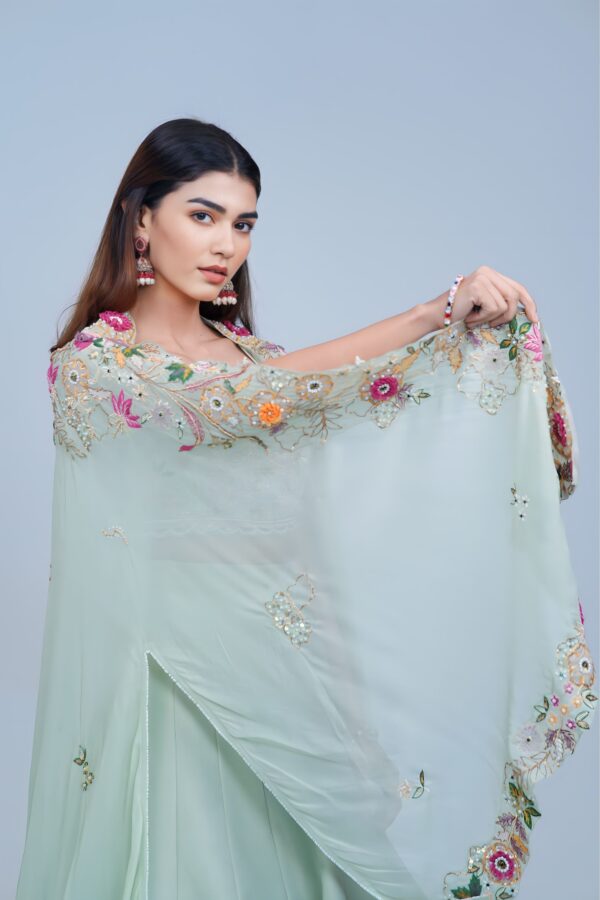 Light Green Indo Western Lehenga with Floral Embroidered Cape Set