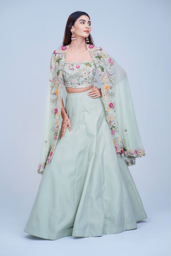 Light Green Indo Western Lehenga with Floral Embroidered Cape Set