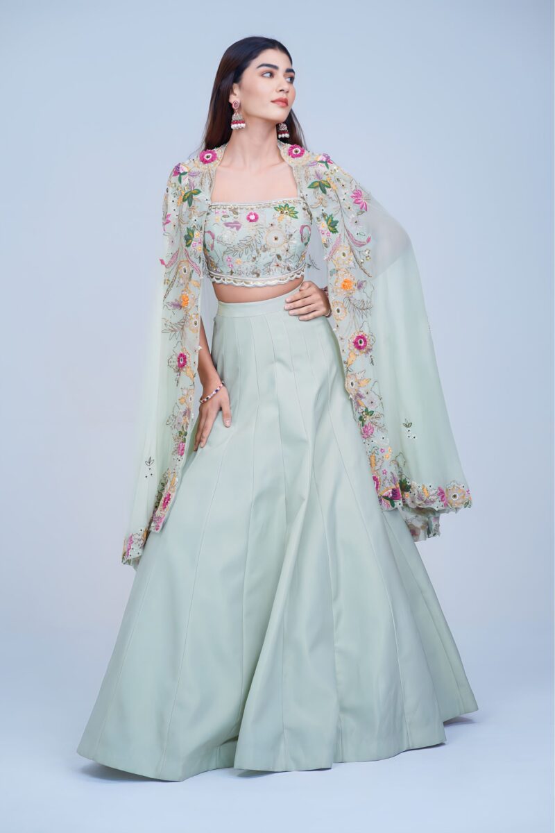 Light Green Indo Western Lehenga with Floral Embroidered Cape Set