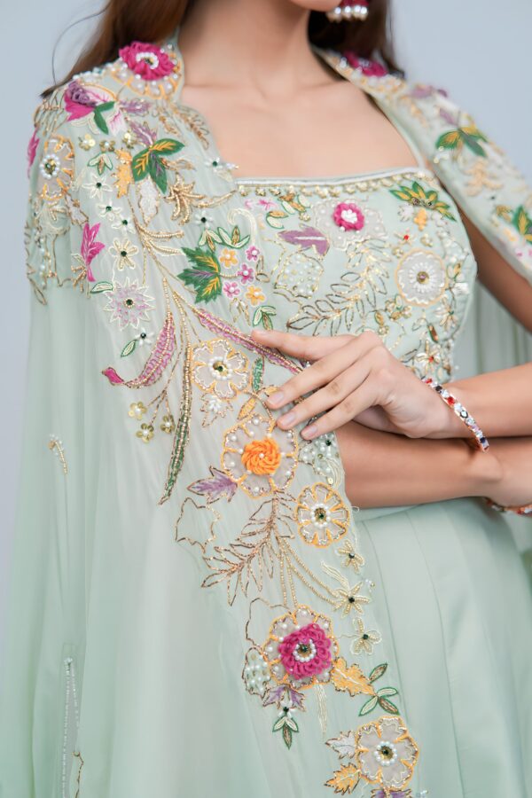 Light Green Indo Western Lehenga with Floral Embroidered Cape Set