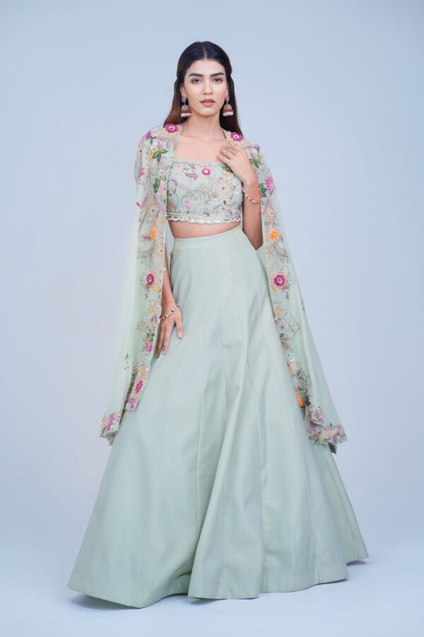 Light Green Indo Western Lehenga with Floral Embroidered Cape Set