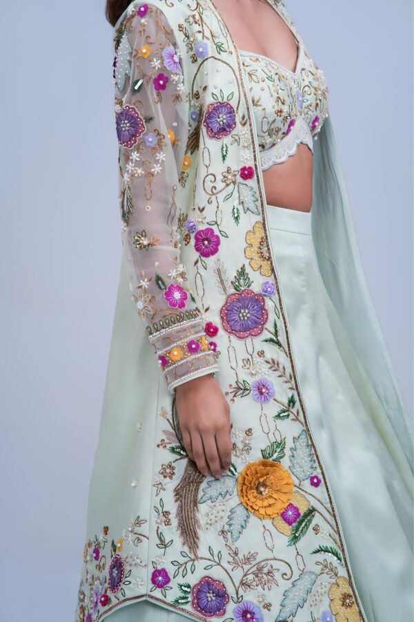 Graceful Indo Western Lehenga with Handcrafted Resham Embroidery and Cape Elegance