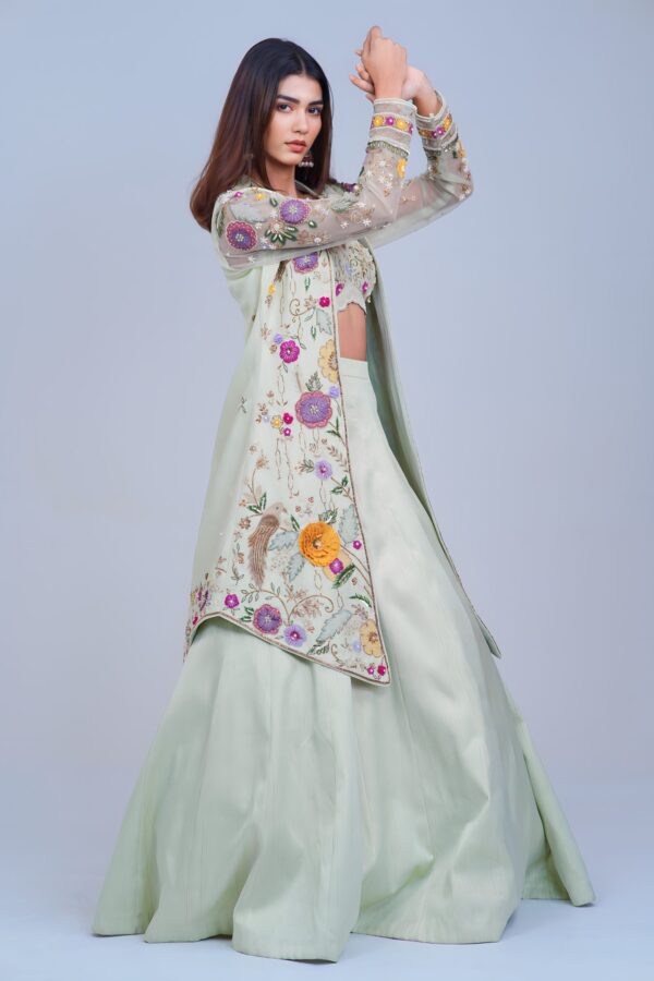 Graceful Indo Western Lehenga with Handcrafted Resham Embroidery and Cape Elegance