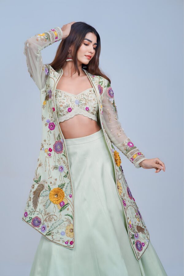Graceful Indo Western Lehenga with Handcrafted Resham Embroidery and Cape Elegance